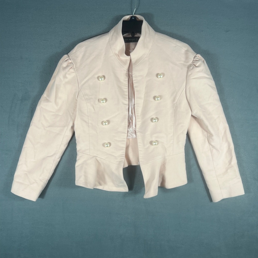 Zara Woman Women Jacket Size M Pink Peplum Faux Pearl Button Puff Sleeve Long